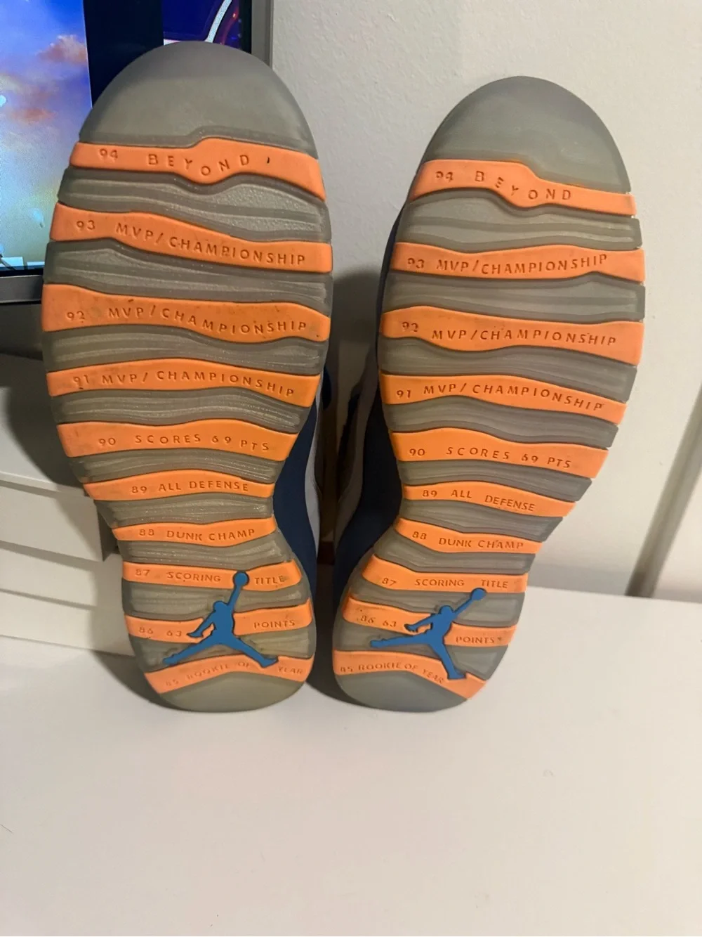 Jordan Men's Gray Sneakers with Blue Laces and Orange Collar